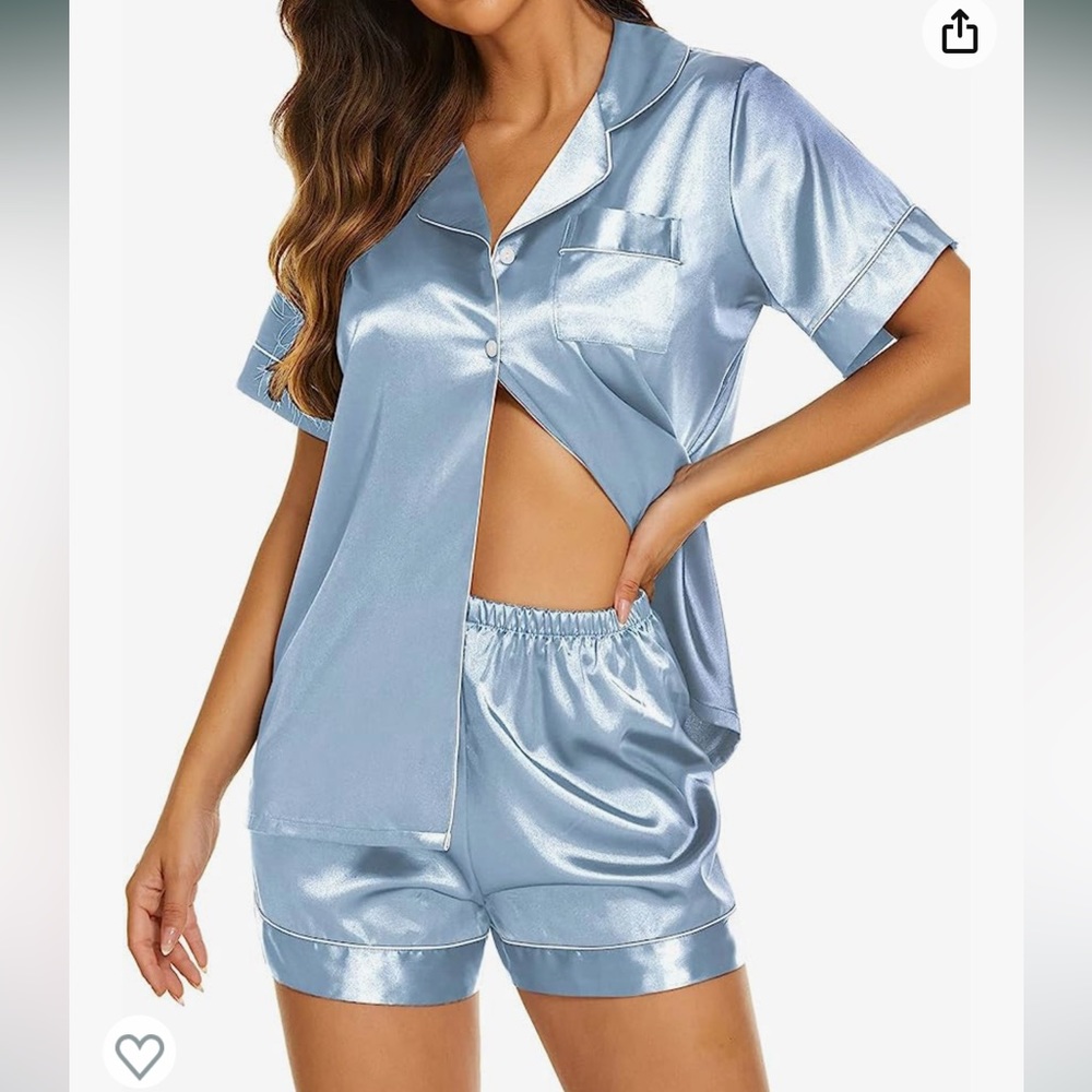 Baby blue “satin” like pajama set with pockets
